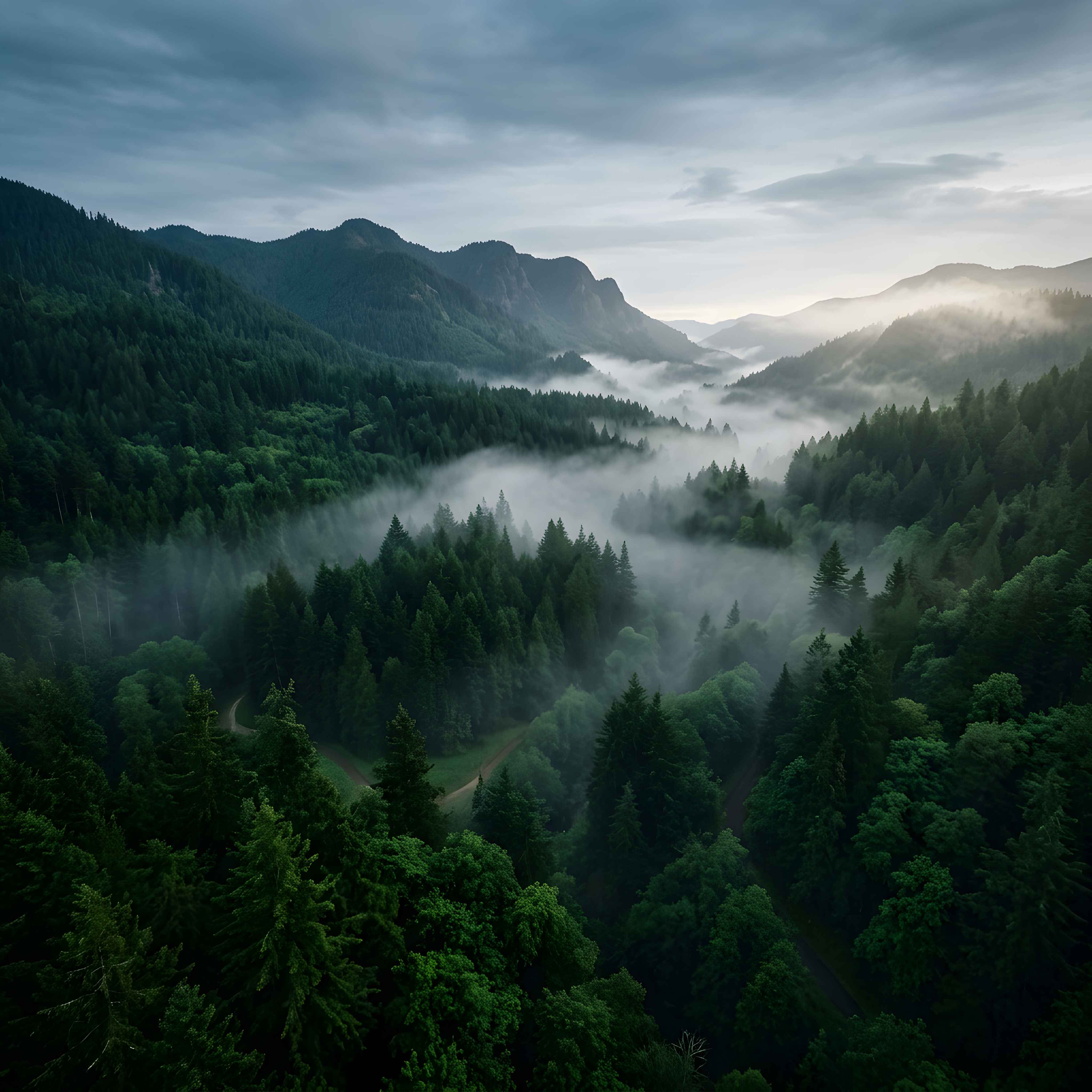 Letecký pohled na zelený les s mlhou